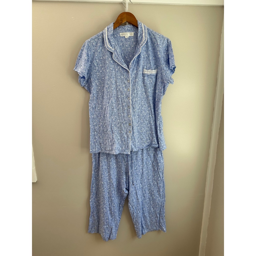 Eileen West Pajama Set Womens Large Blue Floral Cotton Lace Trim Button Front